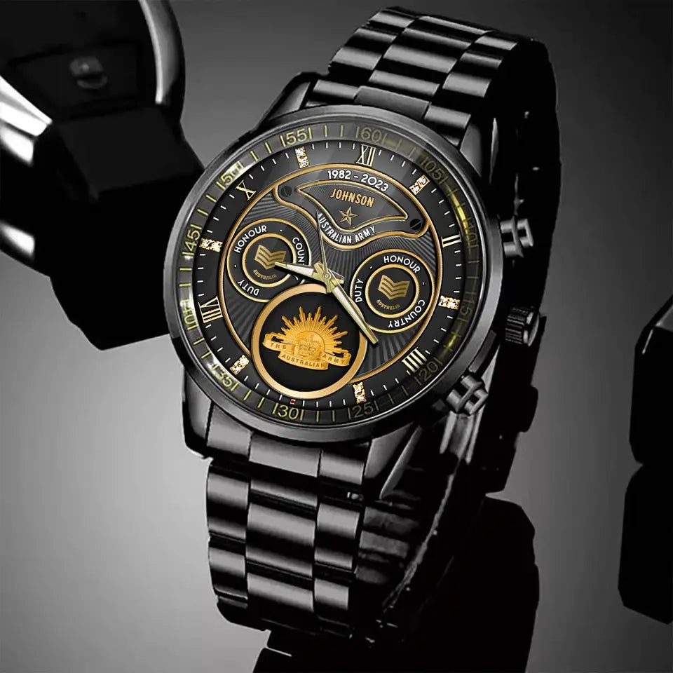 Personalized Australian Veteran Logo & Rank Gold Custom Name & Time Watch Printed AHVA241926