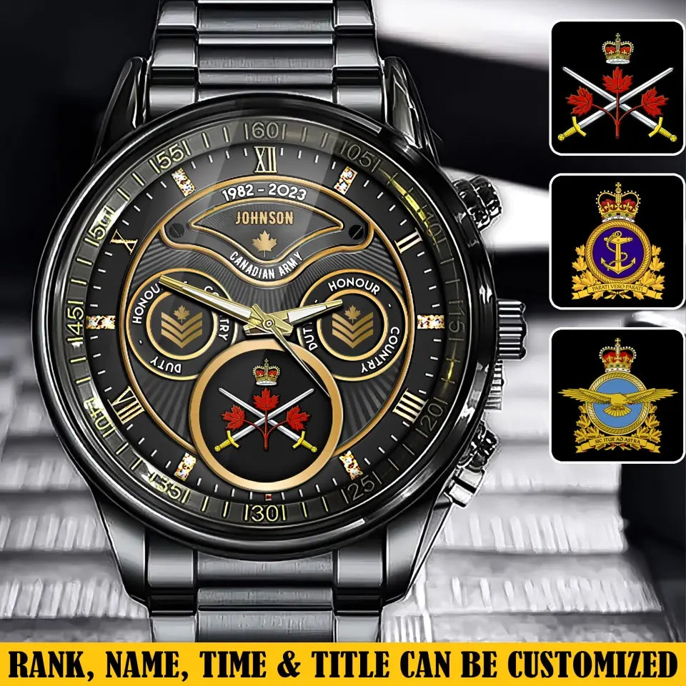 Personalized Canadian Veteran Logo & Rank Gold Custom Name & Time Watch Printed AHVA241926