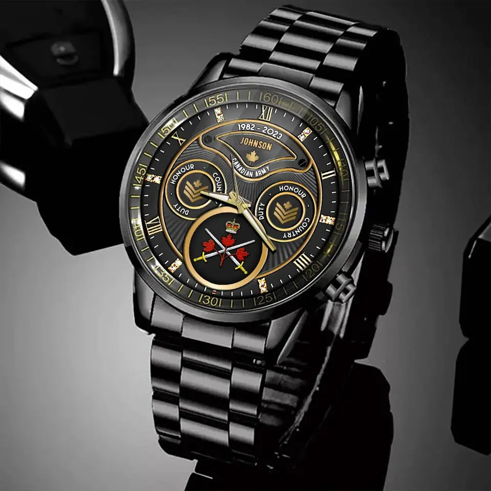 Personalized Canadian Veteran Logo & Rank Gold Custom Name & Time Watch Printed AHVA241926