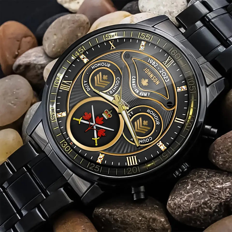 Personalized Canadian Veteran Logo & Rank Gold Custom Name & Time Watch Printed AHVA241926