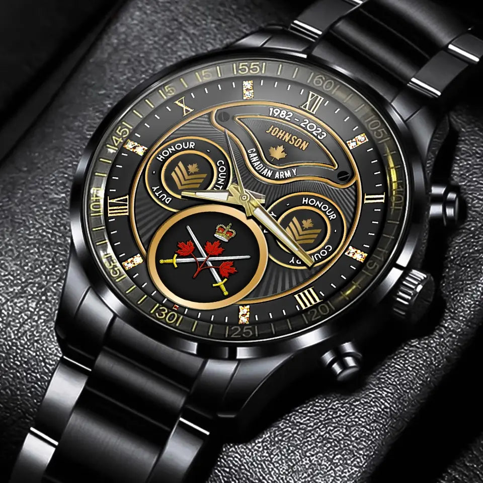 Personalized Canadian Veteran Logo & Rank Gold Custom Name & Time Watch Printed AHVA241926