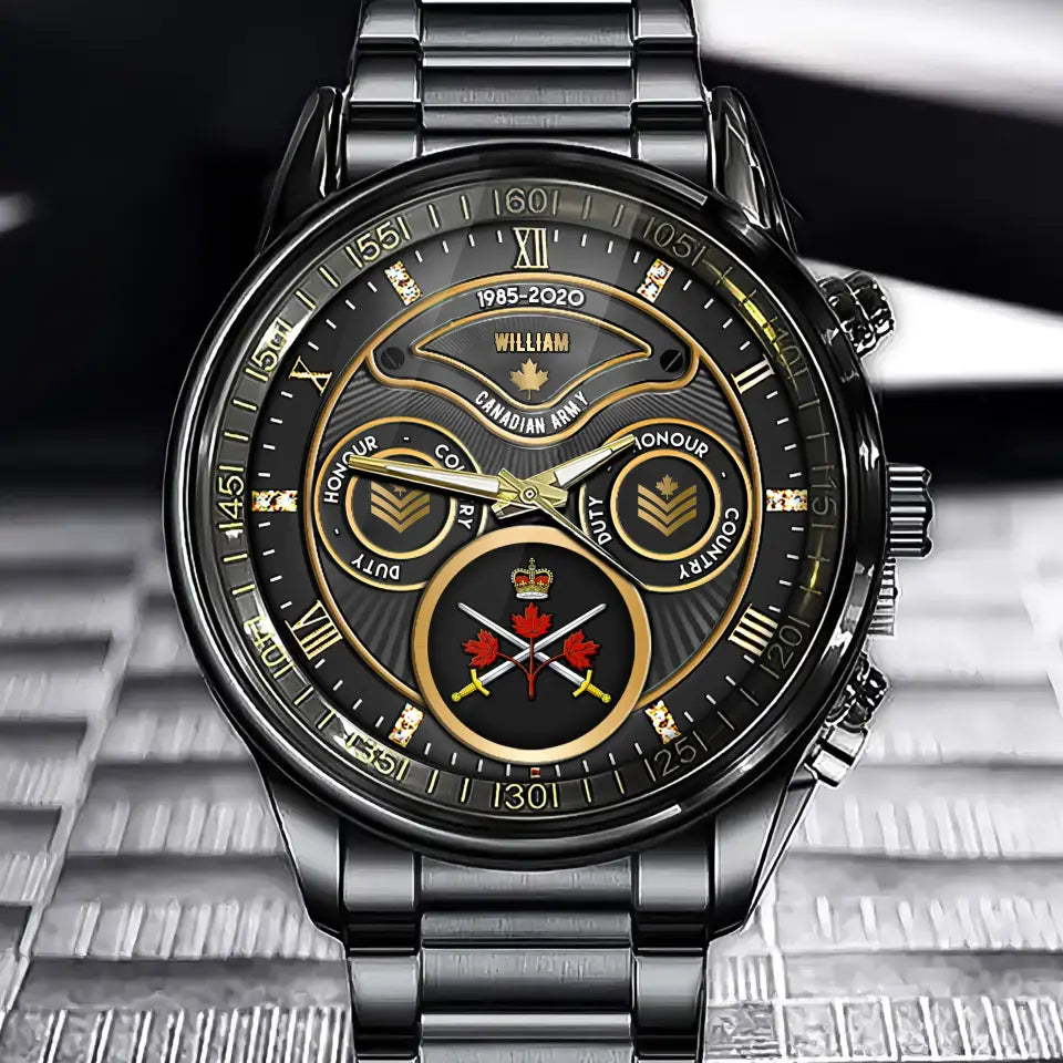 Personalized Canadian Veteran Logo & Rank Gold Custom Name & Time Watch Printed AHVA241926