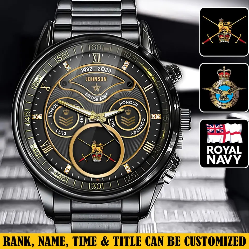 Personalized British Veteran Military Logo & Rank Gold Custom Name & Time Watch Printed AHVA241926