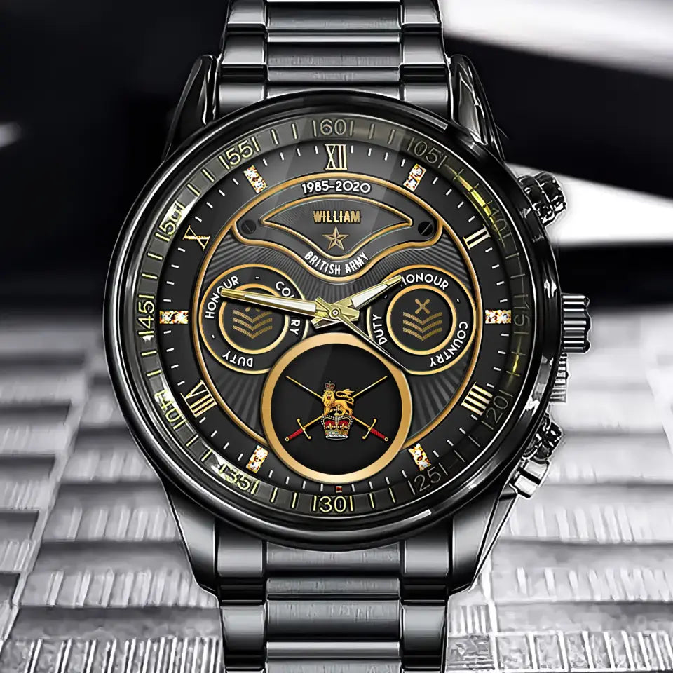 Personalized British Veteran Military Logo & Rank Gold Custom Name & Time Watch Printed AHVA241926