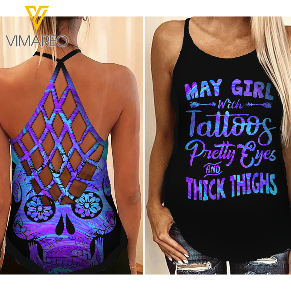 May Girl Criss-Cross Open Back Camisole Tank Top Legging SKTDSG