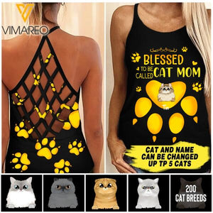 BLESSED TO BE CALLED CAT MOM PERSONALIZED CRISS-CROSS OPEN BACK CAMISOLE TANK TOP