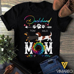 PERSONALIZED DACHSHUND MOM TIE DYE SUNFLOWER BLACK TSHIRT PRINTED TNMD2807