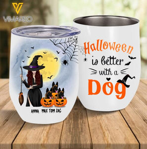 PERSONALIZED WITCH AND DOG HALLOWEEN NIGHT WINE TUMBLER TNMD0708
