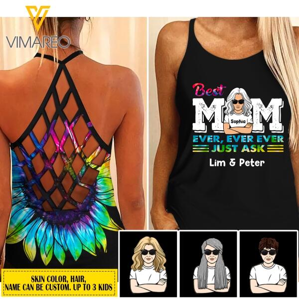 PERSONALIZED BEST MOM EVER CRISS CROSS TANK TIE DYE SUNFLOWER TNTN1608