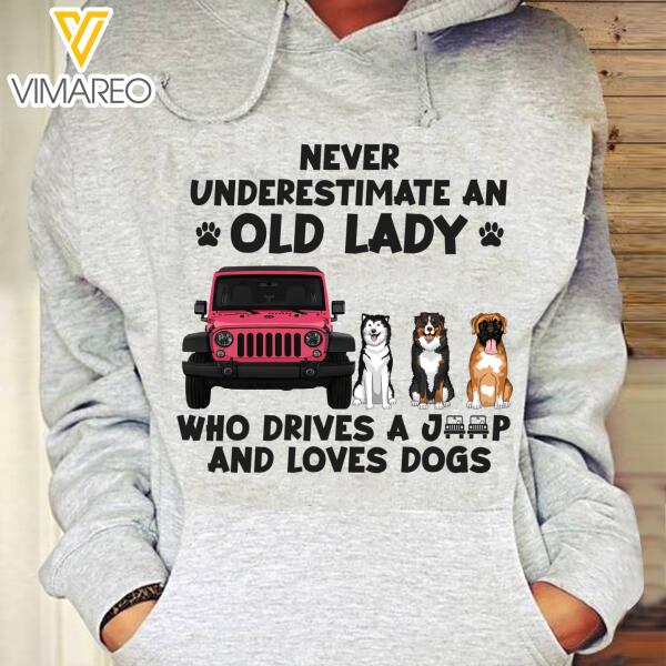 Personalized Never Underestimate An Old Lady Who Driver A Jeep And Loves Dogs Hoodie Printed 22JAN-HC03
