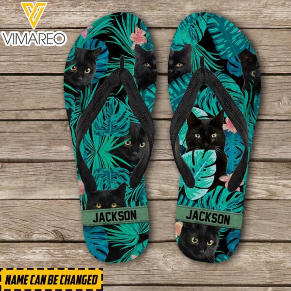 Personalized Black Cat Flip Flops Printed 22JAN-LN17