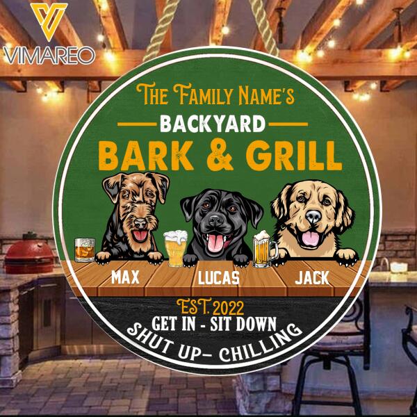 Personalized Backyard Bark & Grill Dog Wood Sign Printed 22JAN-QH20