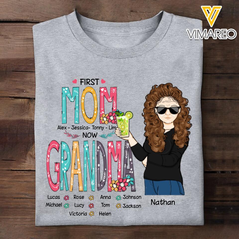 PERSONALIZED FIRST MOM NOW GRANDMA KID NAME TSHIRT QTMQ3103