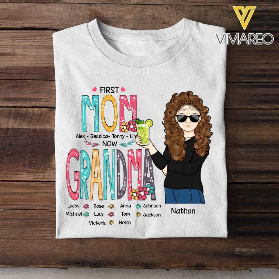 PERSONALIZED FIRST MOM NOW GRANDMA KID NAME TSHIRT QTMQ3103
