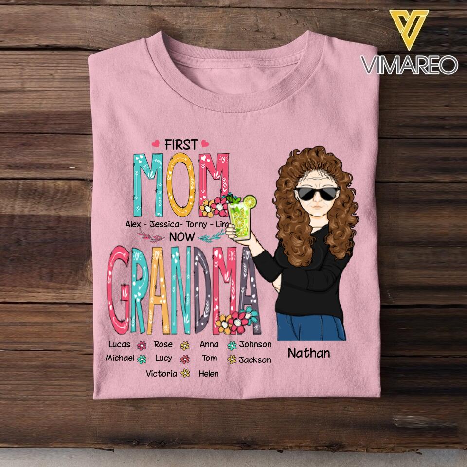 PERSONALIZED FIRST MOM NOW GRANDMA KID NAME TSHIRT QTMQ3103