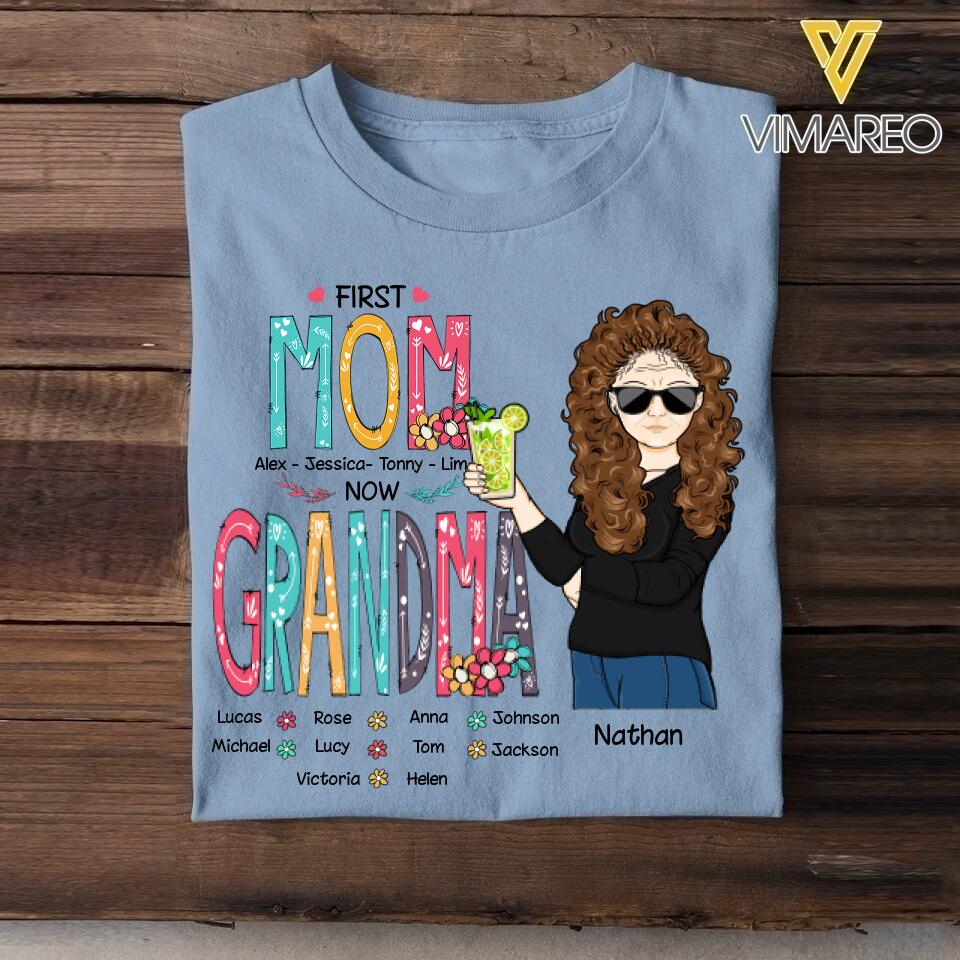 PERSONALIZED FIRST MOM NOW GRANDMA KID NAME TSHIRT QTMQ3103