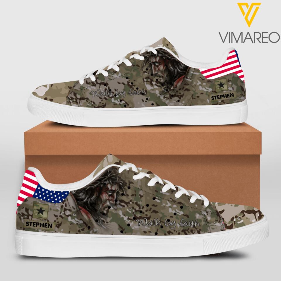 Personalized U.S Solider Walk By Faith God Leather Shoes QTHC0404