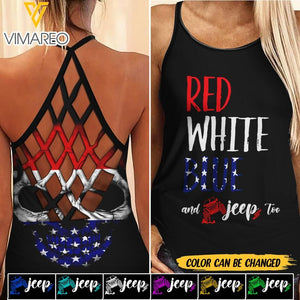 PERSONALIZED RED WHITE BLUE AND JEEP TOO CRISS CROSS TANK QTTN0804