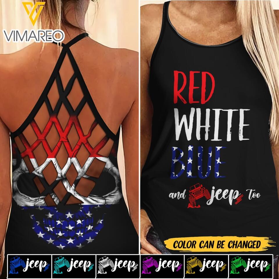 PERSONALIZED RED WHITE BLUE AND JEEP TOO CRISS CROSS TANK QTTN0804