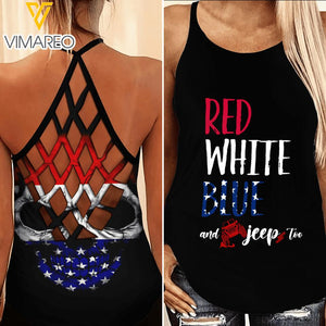 PERSONALIZED RED WHITE BLUE AND JEEP TOO CRISS CROSS TANK QTTN0804