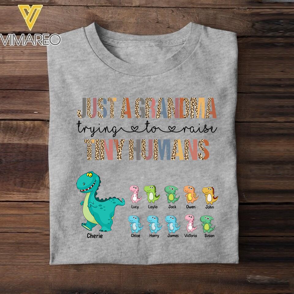 PERSONALIZED JUST A MOM GRANDMA TRYING TO RAISE TINY HUMANS TSHIRT QTVQ2704
