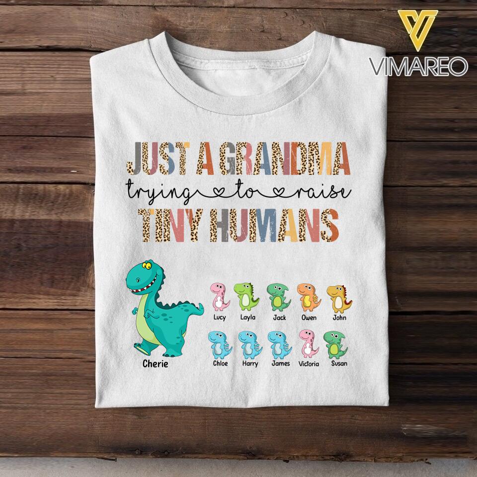 PERSONALIZED JUST A MOM GRANDMA TRYING TO RAISE TINY HUMANS TSHIRT QTVQ2704