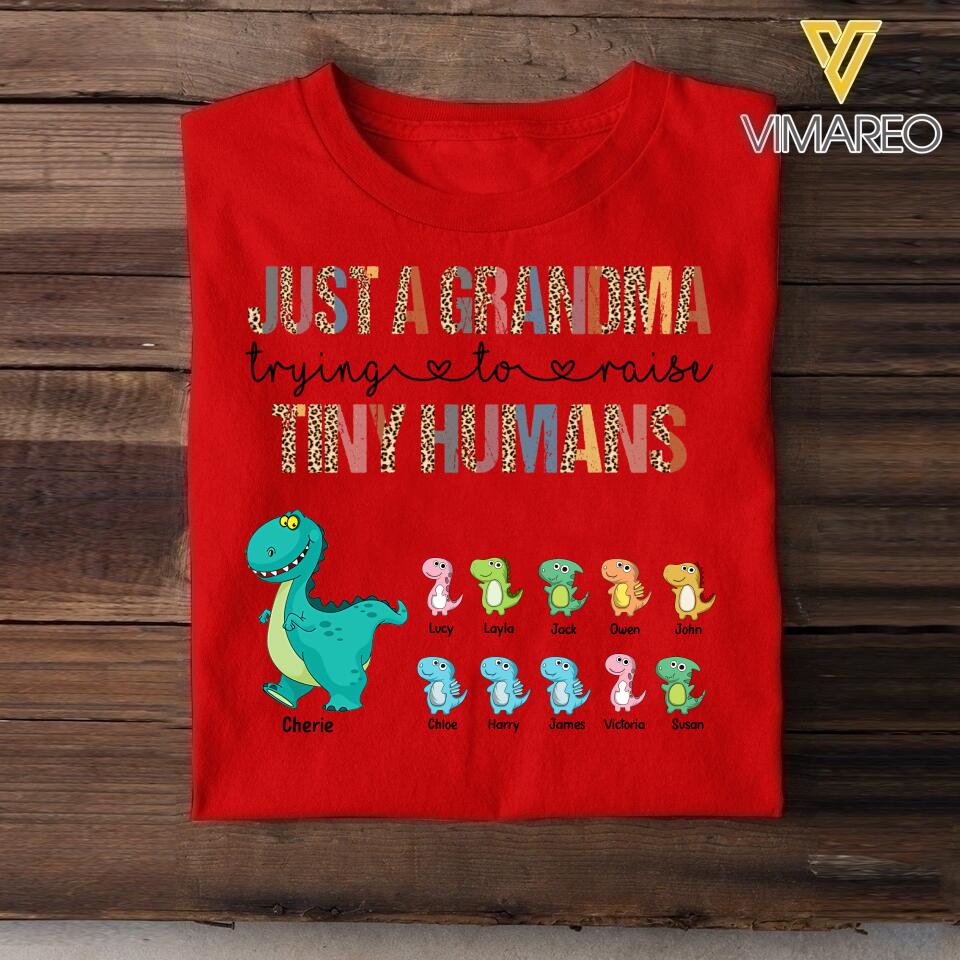 PERSONALIZED JUST A MOM GRANDMA TRYING TO RAISE TINY HUMANS TSHIRT QTVQ2704