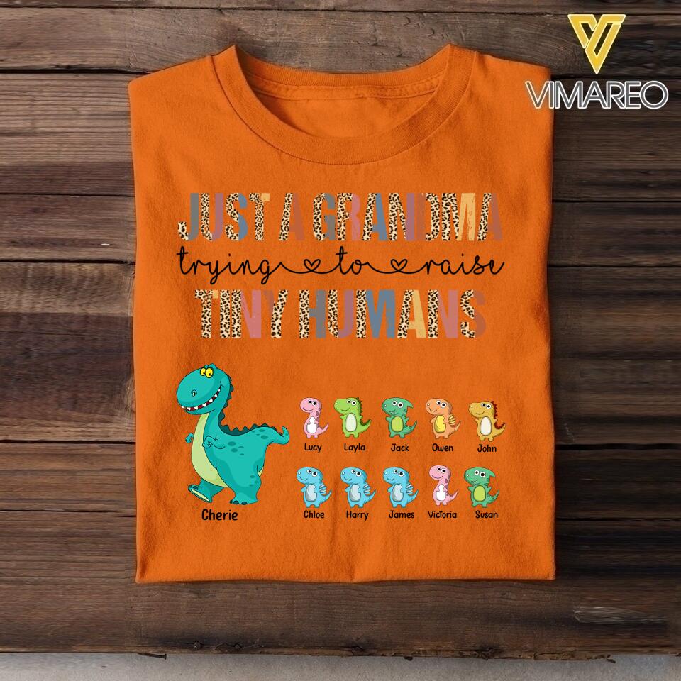 PERSONALIZED JUST A MOM GRANDMA TRYING TO RAISE TINY HUMANS TSHIRT QTVQ2704