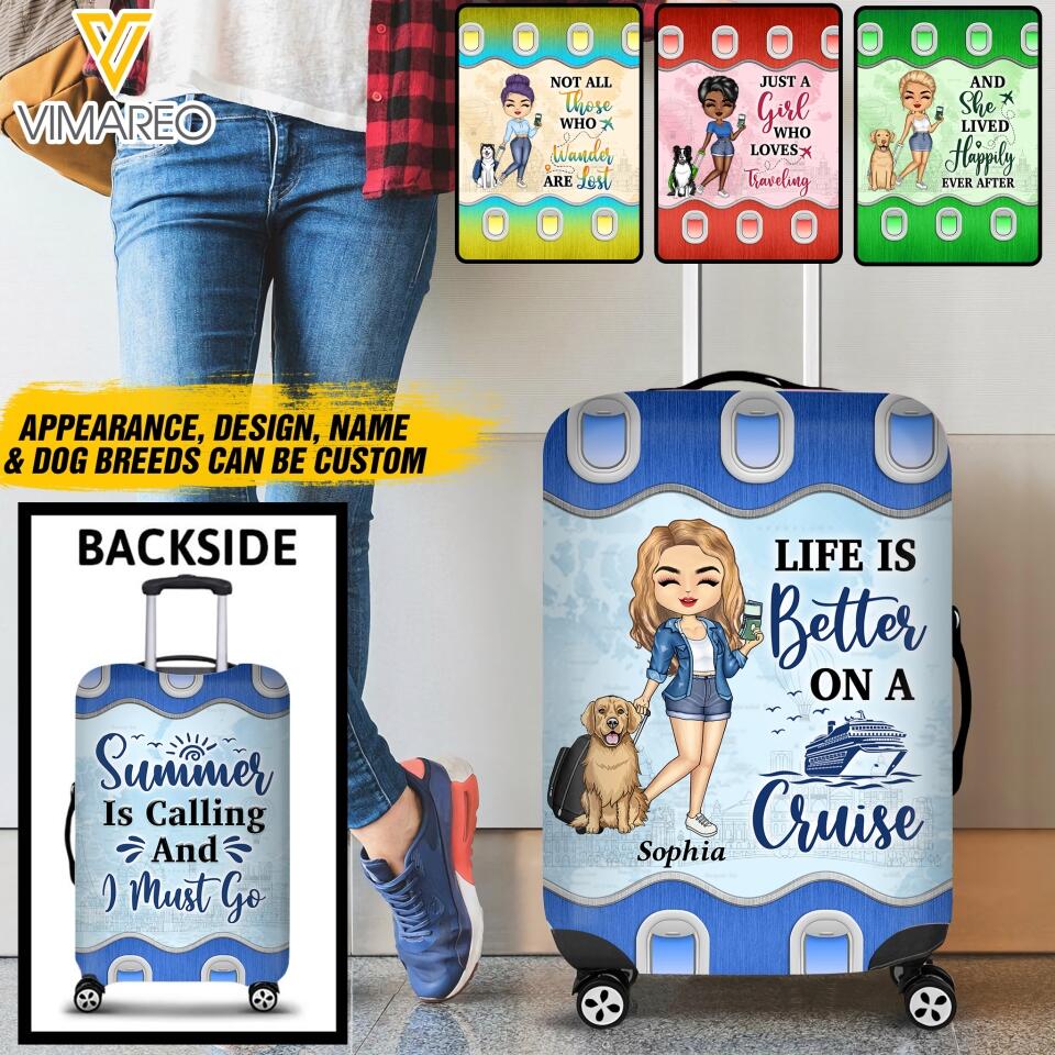 Personalized Girl and Dog Loves Traveling Luggage Cover Printed NQDT0705