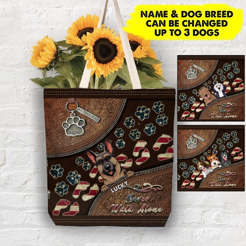 PERSONALIZED NEVER WALK ALONE DOG NAME TOTE BAG NQHC2306