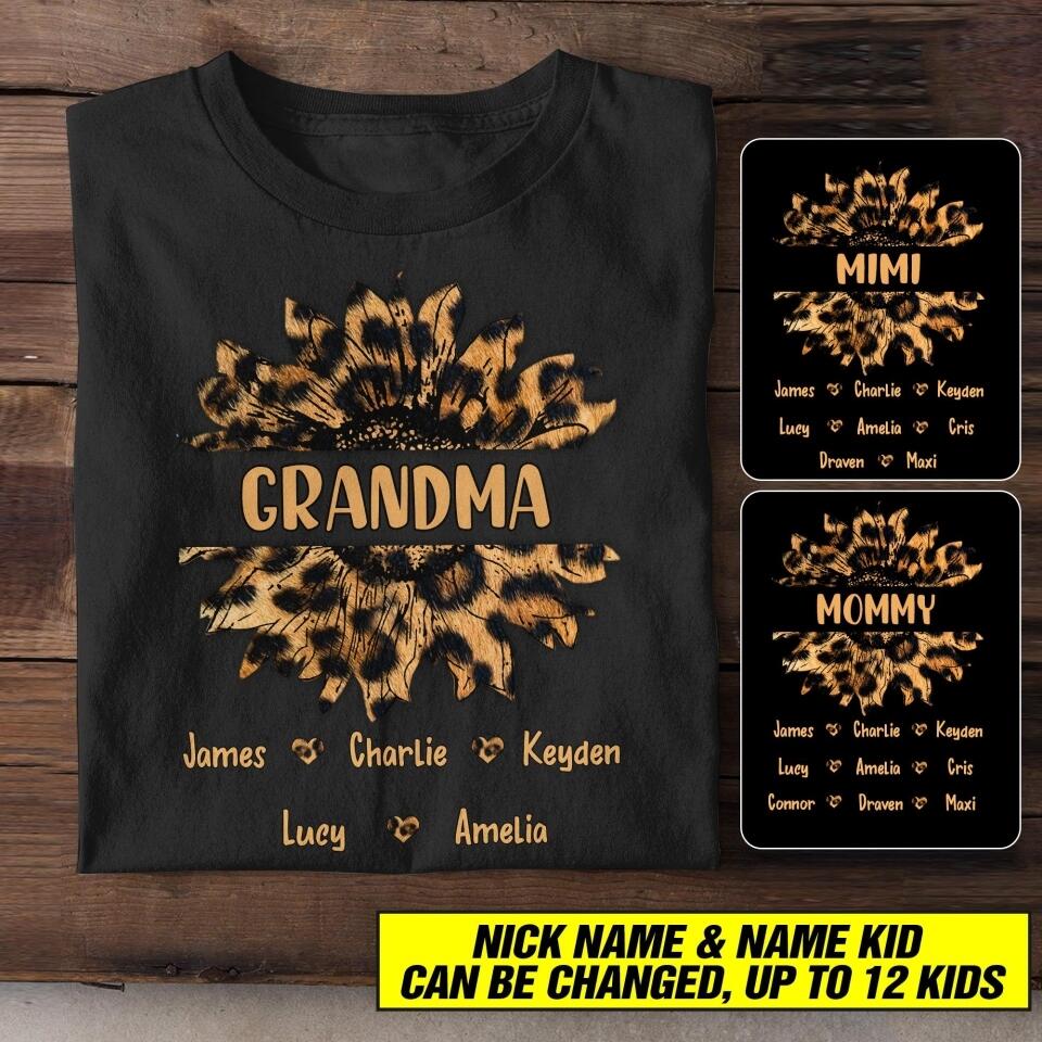 Personalized Grandma Auntie Kid Name Sunflower Leopard Tshirt Printed QTHC1407