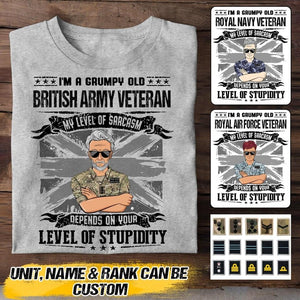 Personalized I'm Grumpy Old UK Veteran My Level Of Sarcasm Depends on Your Level Of Stupidity Tshirt Printed QTVQ2207