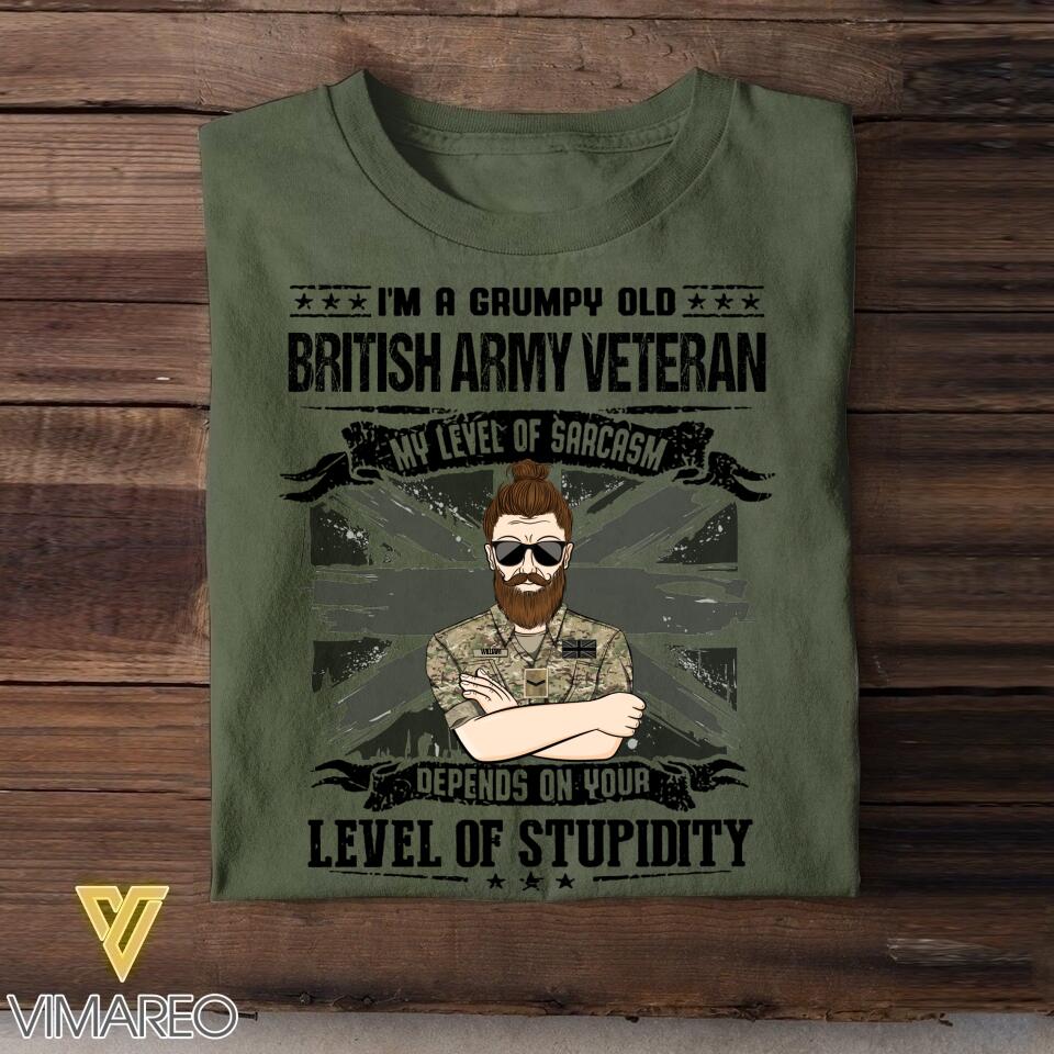 Personalized I'm Grumpy Old UK Veteran My Level Of Sarcasm Depends on Your Level Of Stupidity Tshirt Printed QTVQ2207