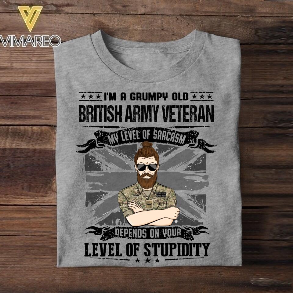 Personalized I'm Grumpy Old UK Veteran My Level Of Sarcasm Depends on Your Level Of Stupidity Tshirt Printed QTVQ2207