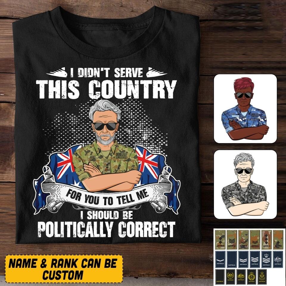 Personalized I Didn't Serve This Country For Pussies To Tell Me Australian Veteran/ Solider Tshirt Printed QTVQ3007