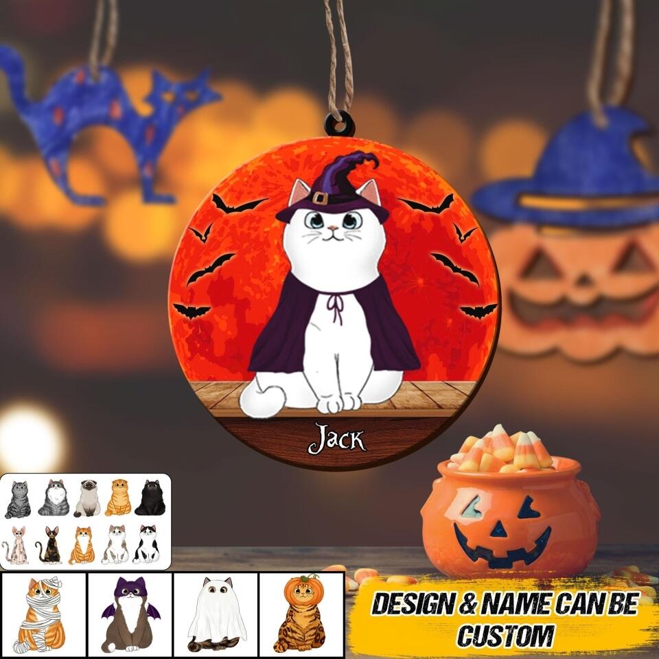 Personalized Halloween Cats On Roof Red Moon Wood Ornament Printed 22AUG-HQ12