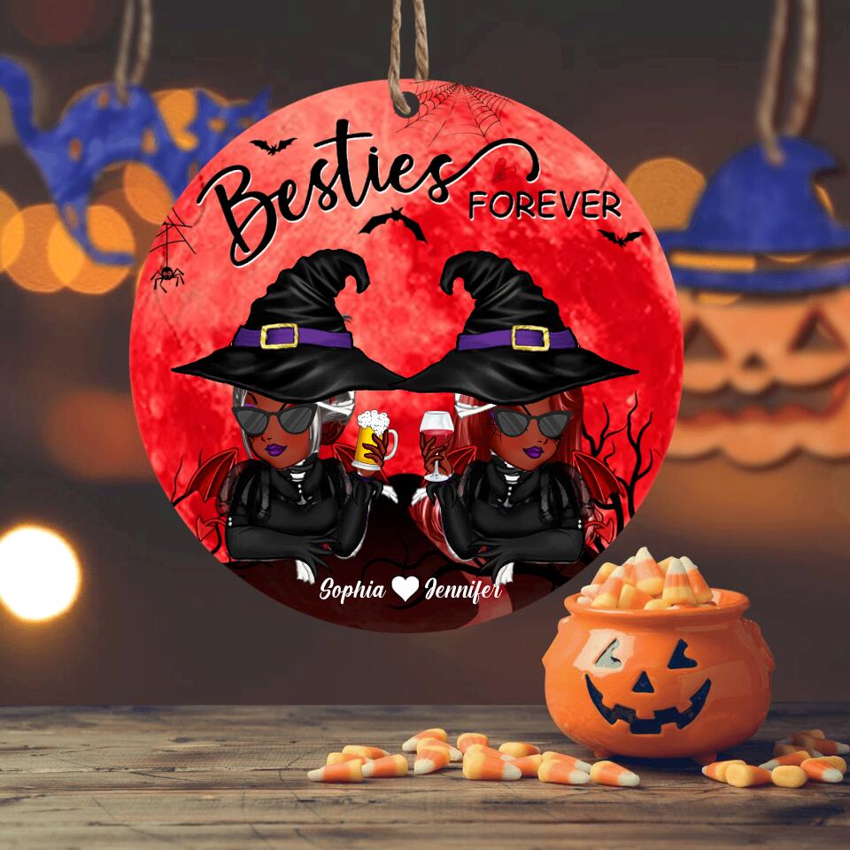 Personalized Halloween Bestie Forever On Roof Red Moon Wood Ornament Printed 22AUG-DT12