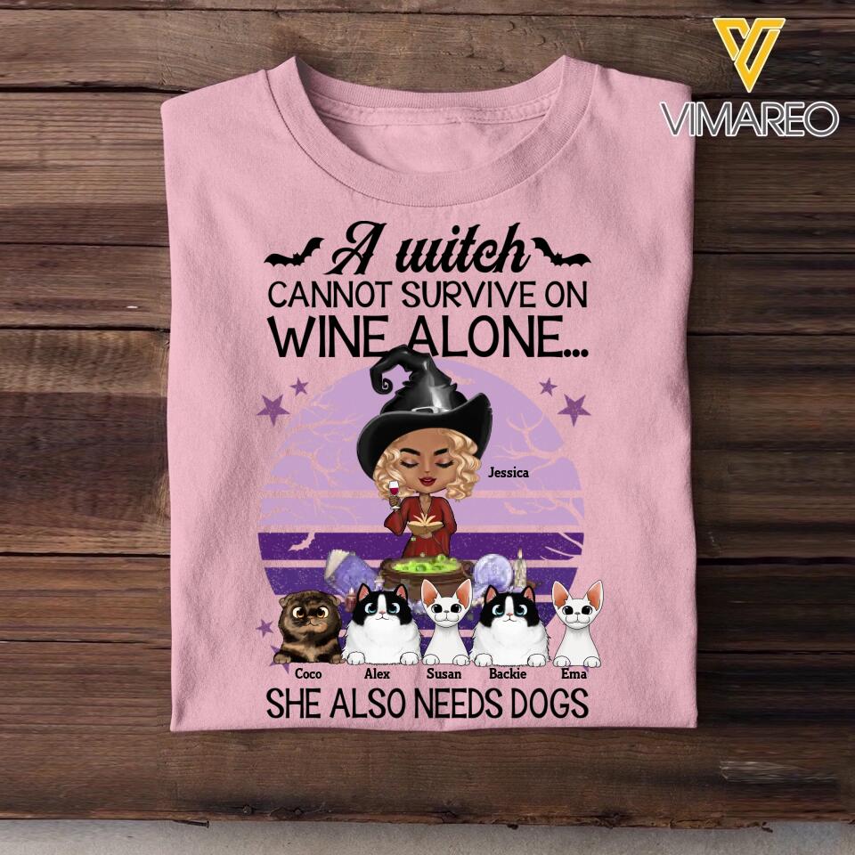 Personalized A Witch Cannot Survive On Wine Alone She Also Needs Cats Halloween Tshirt Printed QTMA0509