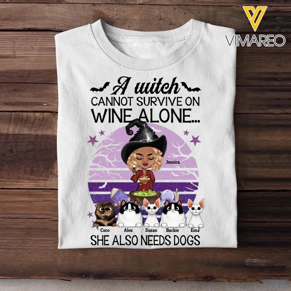Personalized A Witch Cannot Survive On Wine Alone She Also Needs Cats Halloween Tshirt Printed QTMA0509