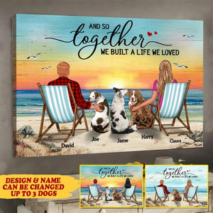 Personalized Back View Couple Sitting Beach Landscape And Dog Lover Canvas Printed 22SEP-MA05