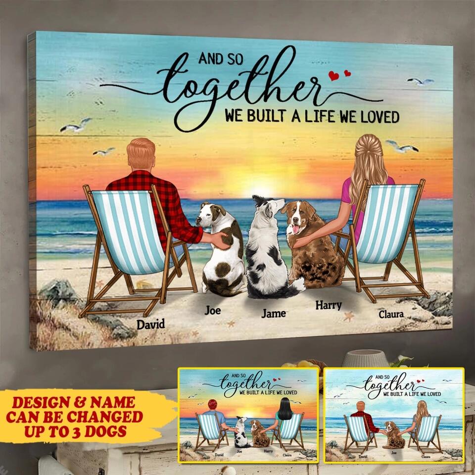Personalized Back View Couple Sitting Beach Landscape And Dog Lover Canvas Printed 22SEP-MA05