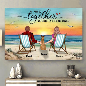 Personalized Back View Couple Sitting Beach Landscape And Dog Lover Canvas Printed 22SEP-MA05