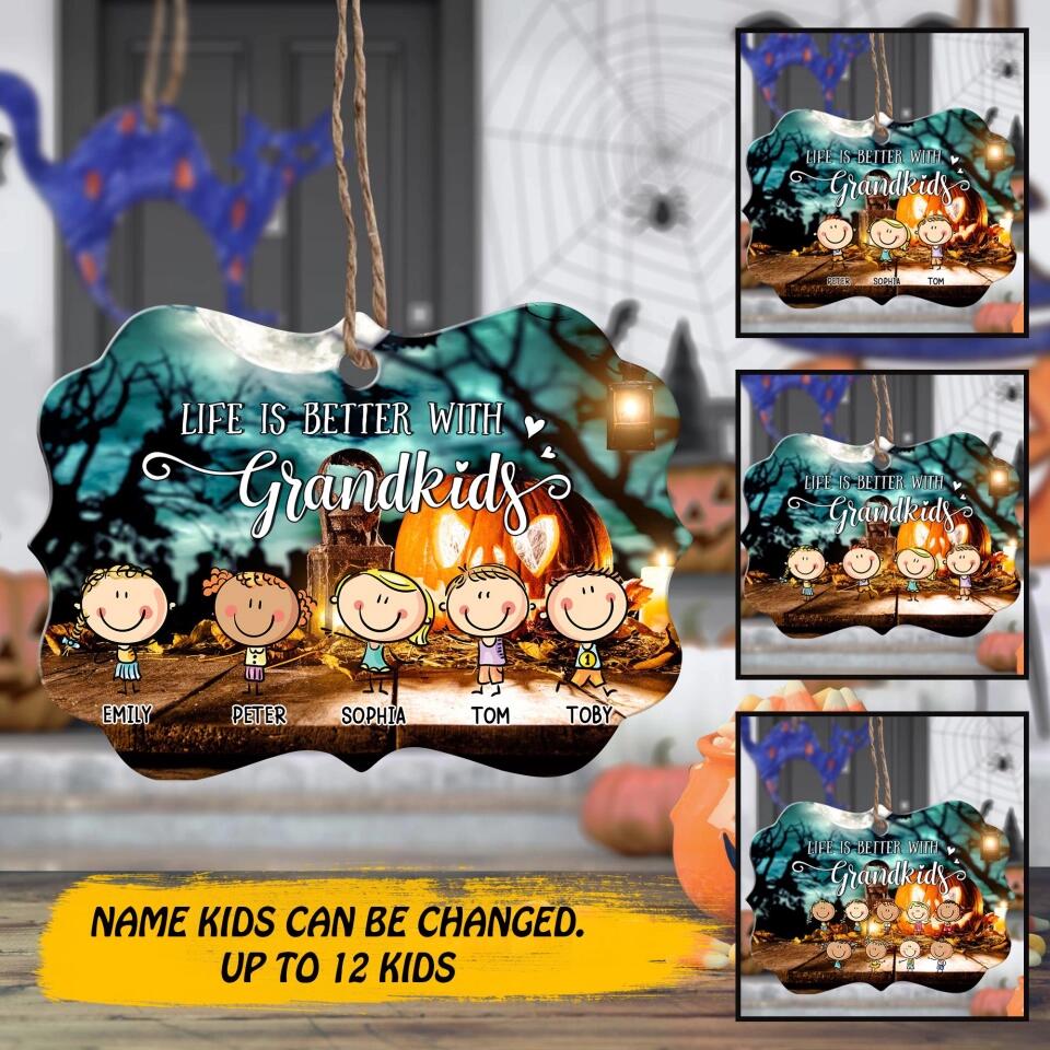 Personalized Halloween Life Is Better With Grandkids Kid Name Wood Ornament Printed QTHY1009