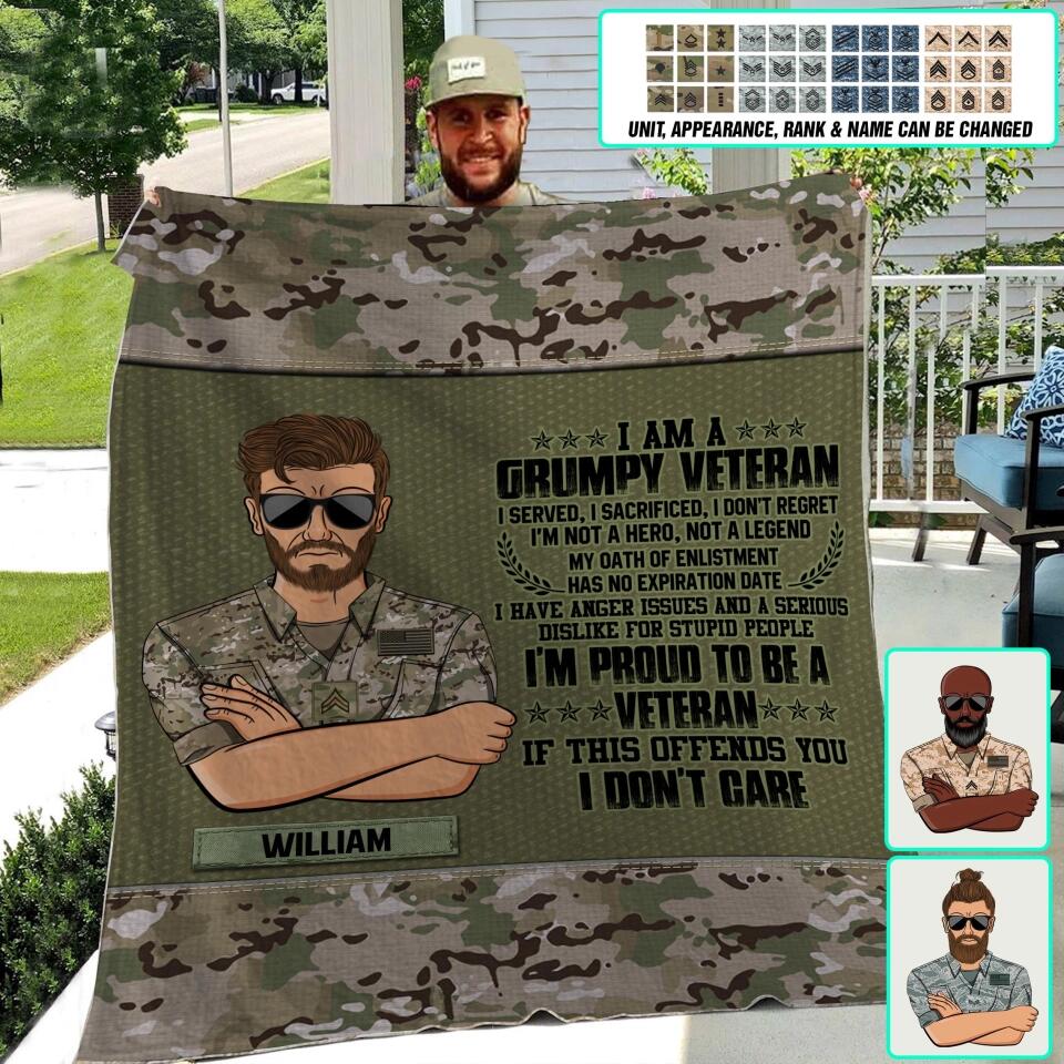 Personalized US Grumpy Veterans/Soldier Quilt Blanket Printed 22SEP-DT12