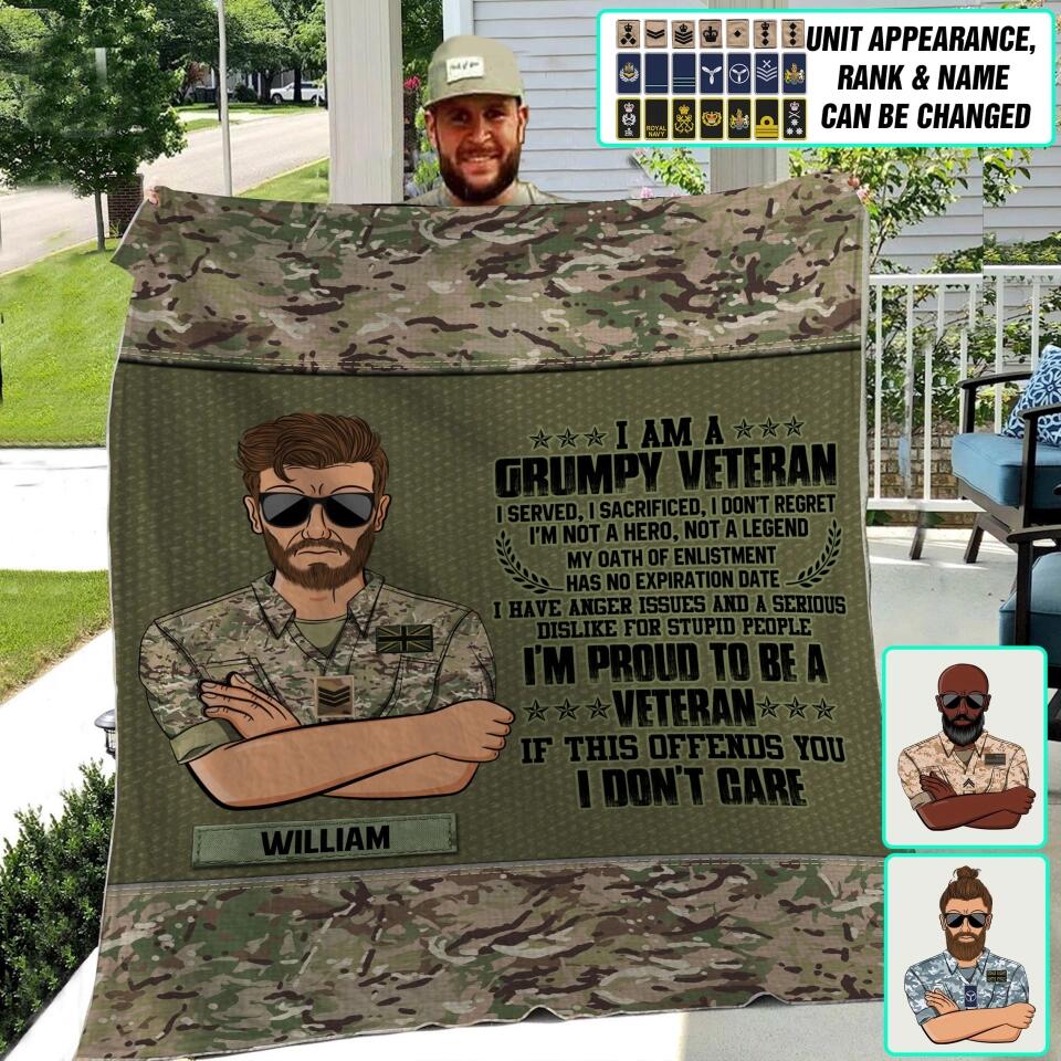 Personalized British Grumpy Veterans/Soldier Quilt Blanket Printed 22SEP-DT12