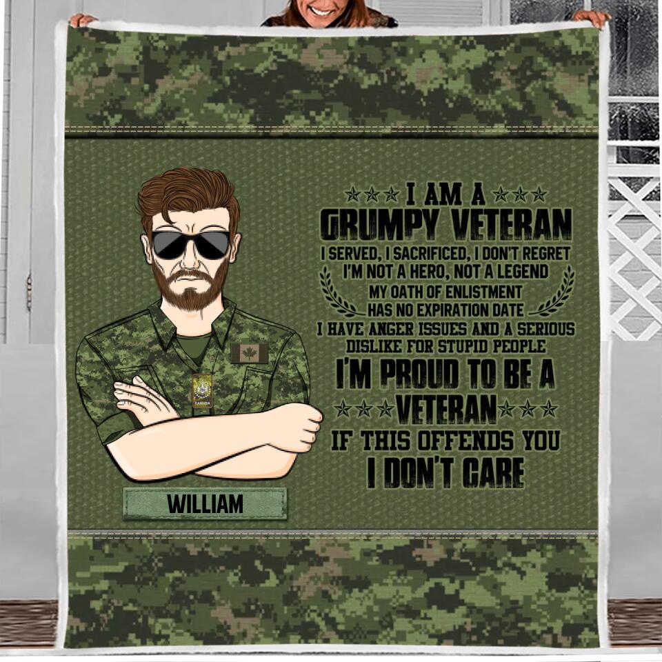 Personalized Canadian Grumpy Veterans/Soldier Quilt Blanket Printed 22SEP-DT12