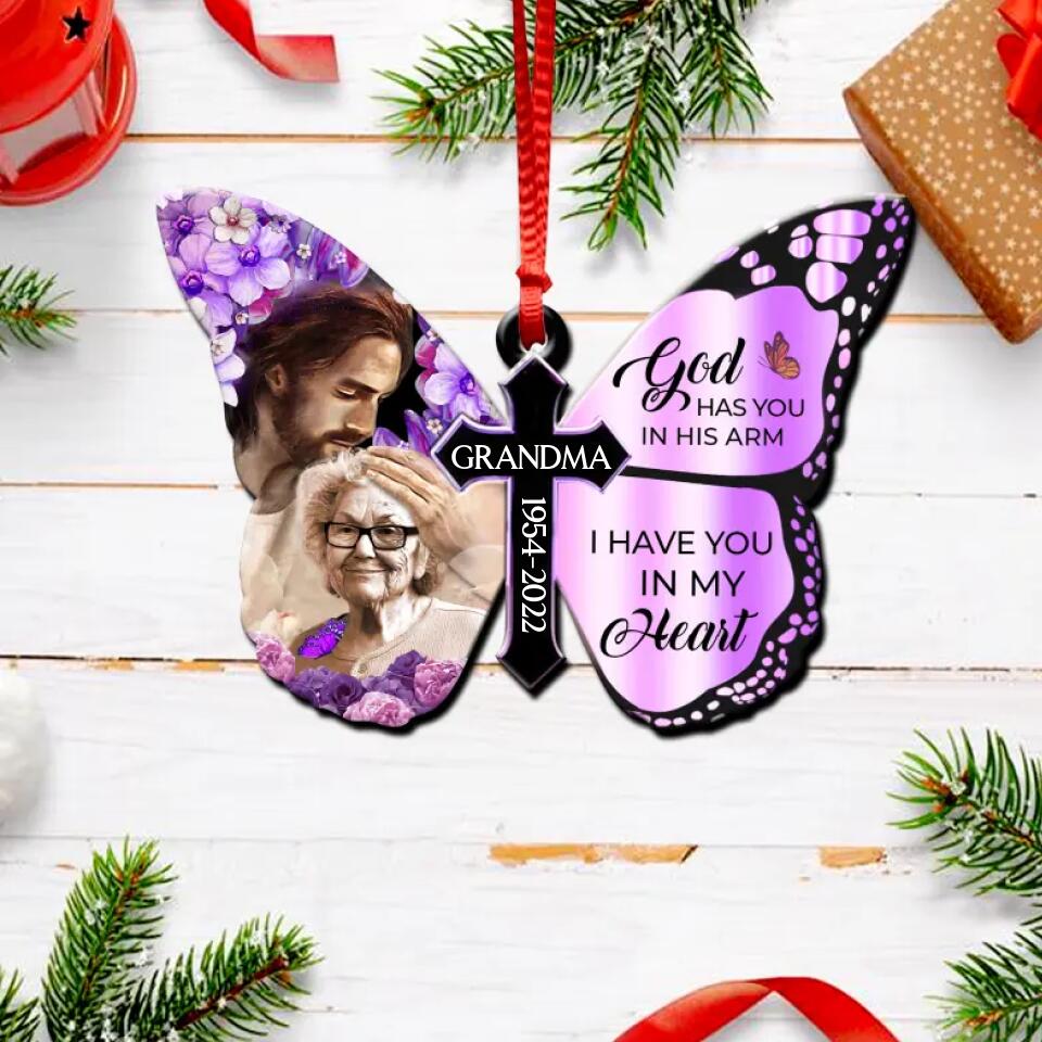 Personalized Memorial Grandma God Has You In His Arm, I Have You In My Heart Wood  Ornament Printed DMVQ2309