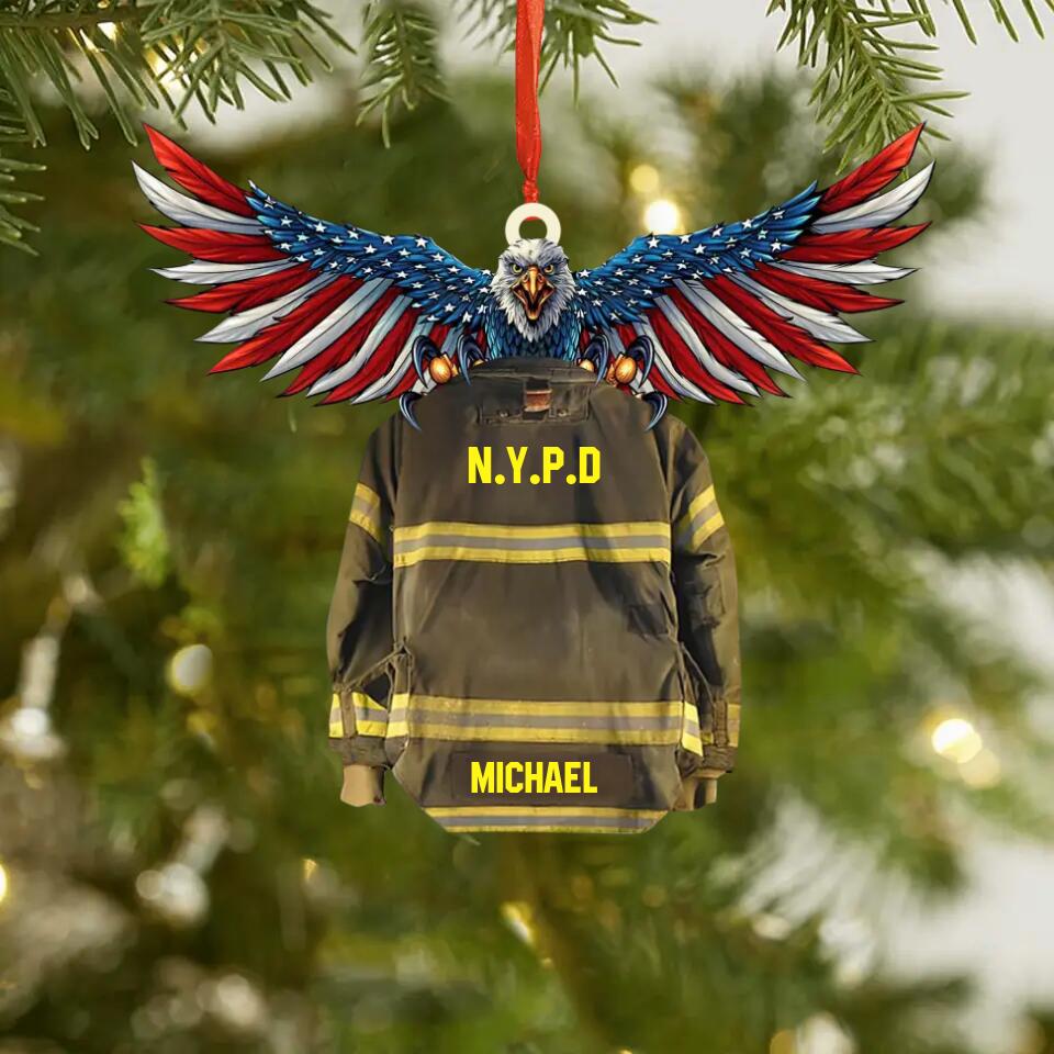 Personalized American Firefighter Costume With Department and Name Christmas Wood Ornament Printed QTDT2809