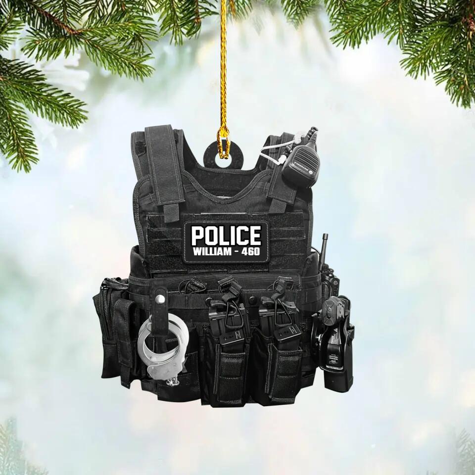 Personalized American Police or Sheriff With Name And Number Christmas Acrylic/Plastic Ornament Printed QTVQ0510