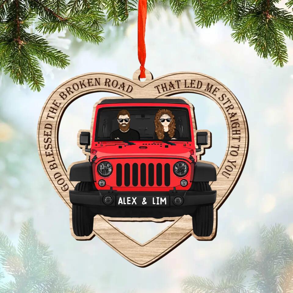 Personalized God Blessed The Broken Road That Led Me Straight To You Jeep Couple Heart Christmas Wood Ornament Printed QTDT1010
